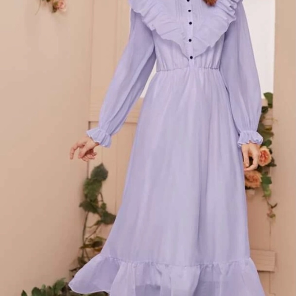 Frilled neck button front ruffle trim maxi dress